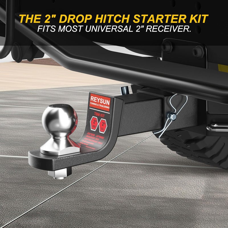 REYSUN 2-inch Drop Trailer Hitch Ball Mount Kit - 2-inch Trailer Ball and 5/8-inch Hitch Pin Kit, Fits 2-inch Hitch Receiver,7,500lbs Capacity, Matte Black - Image 2